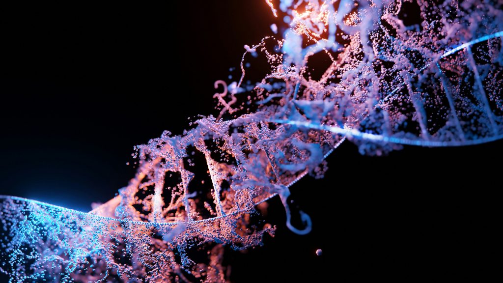 Visualisierung einer DNA-Doppelhelix in leuchtenden Farben auf schwarzem Hintergrund – Branchenseite BioTech von PFIF