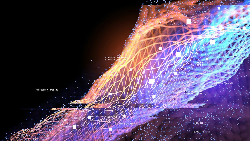 Abstrakte Visualisierung digitaler Daten- und Netzwerkanalyse für biotechnologische und pharmazeutische Anwendungen – Branchenseite Biotech & Pharma von PFIF