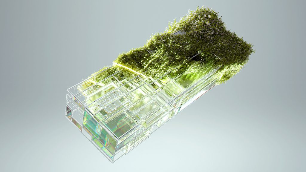 Abstrakte Darstellung eines gläsernen Technologieobjekts, das von grünem Moos überwuchert ist – sinnbildlich für nachhaltige Innovationen auf der Branchenseite Energie und Umwelt von PFIF.