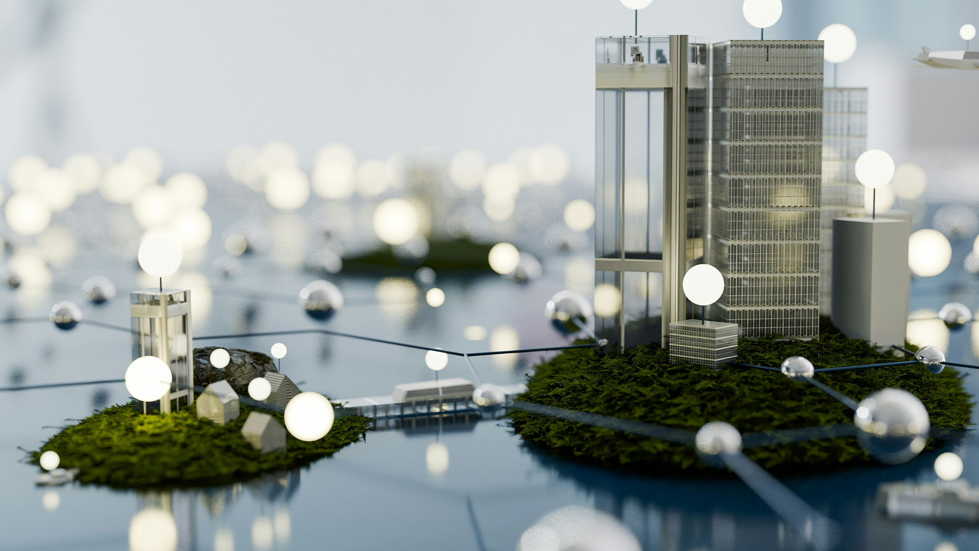 Illustration einer vernetzten Stadtlandschaft mit modernen Gebäuden und leuchtenden Kugeln, die als Symbole für digitale Vernetzung und Innovation dienen.