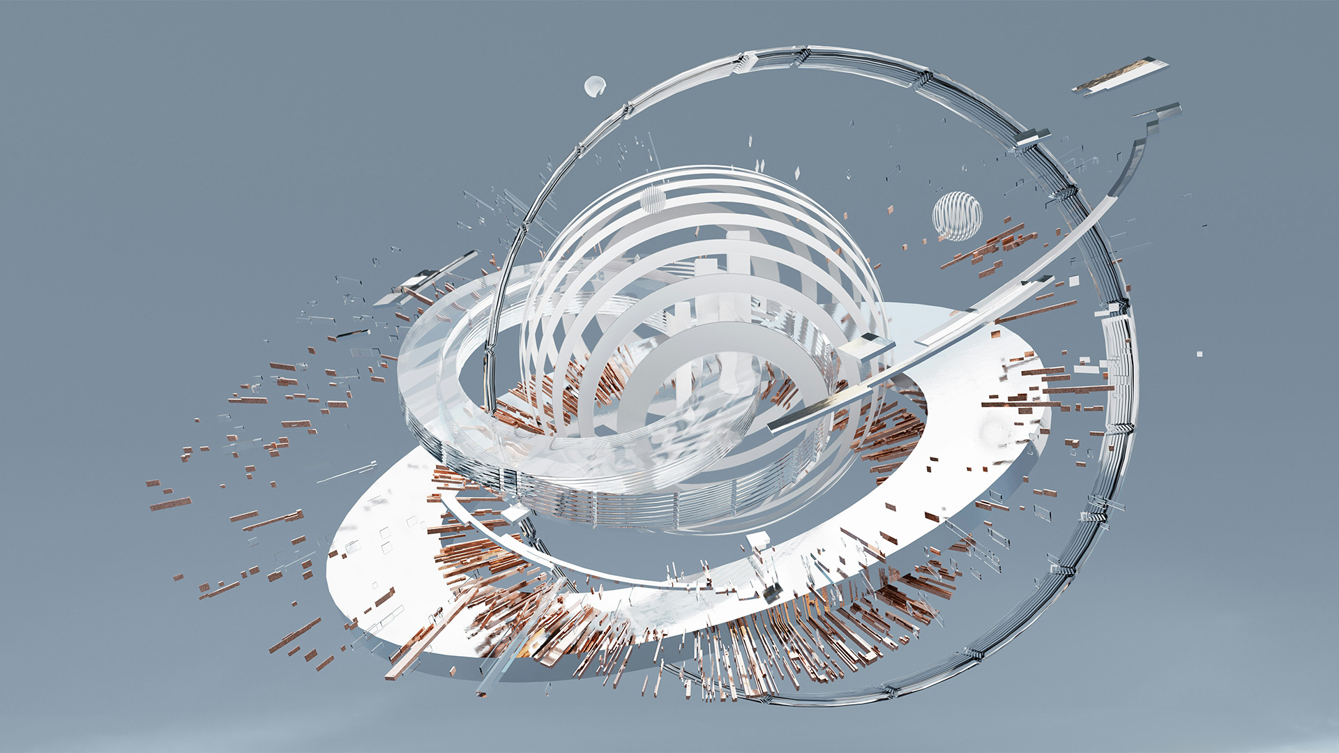 Abstrakte 3D-Darstellung mit ineinander verschlungenen weißen Ringen und schwebenden Partikeln, die Dynamik, Innovation und technologische Entwicklung symbolisieren.