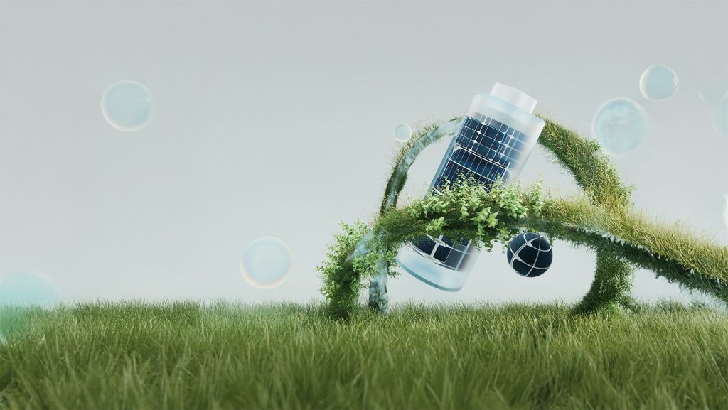 Das Bild zeigt ein visuelles Konzept für energieeffiziente Anlagentechnik: Im Zentrum steht eine große Batterie, die mit Solarpaneelen ausgestattet ist – ein Symbol für nachhaltige Stromspeicherung und Nutzung erneuerbarer Energien. Umgeben von grünen Pflanzen und Ranken vermittelt die Szene den Gedanken der Umweltfreundlichkeit und Ressourcenschonung. Transparente Kugeln im Hintergrund stehen sinnbildlich für innovative Technologien und saubere Energieformen, die in modernen Anlagen zum Einsatz kommen.