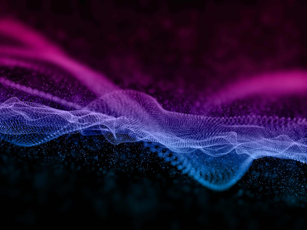 Abstrakte digitale Darstellung in Pink- und Blautönen, die vernetzte Datenpunkte und Wellenformen zeigt. Symbolisiert Innovation, Forschung und technologische Entwicklung im Rahmen der Hightech Agenda Deutschland.