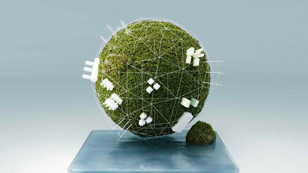 Darstellung der Erde als grüner Planet mit weißen Gebäuden als Symbol für die EEW-Förderung (Energie- und Ressourceneffizienz in der Wirtschaft).