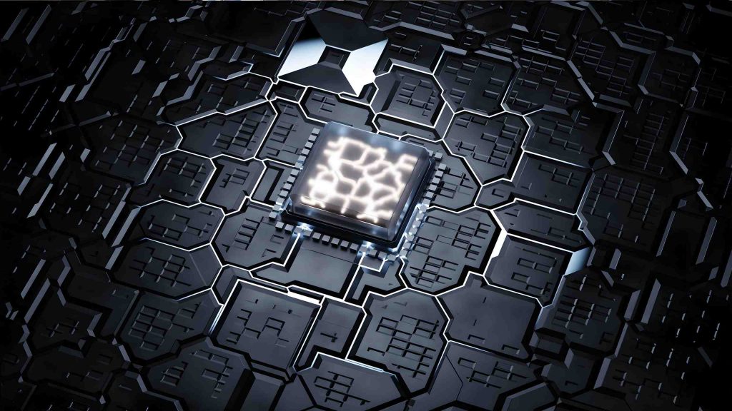 Abstrakte Darstellung eines leuchtenden Mikrochips auf schwarzer technischer Struktur – symbolisiert das Forschungsprojekt KI-EDA zur Entwicklung KI-gestützter Methoden für das elektronische Design-Automation.