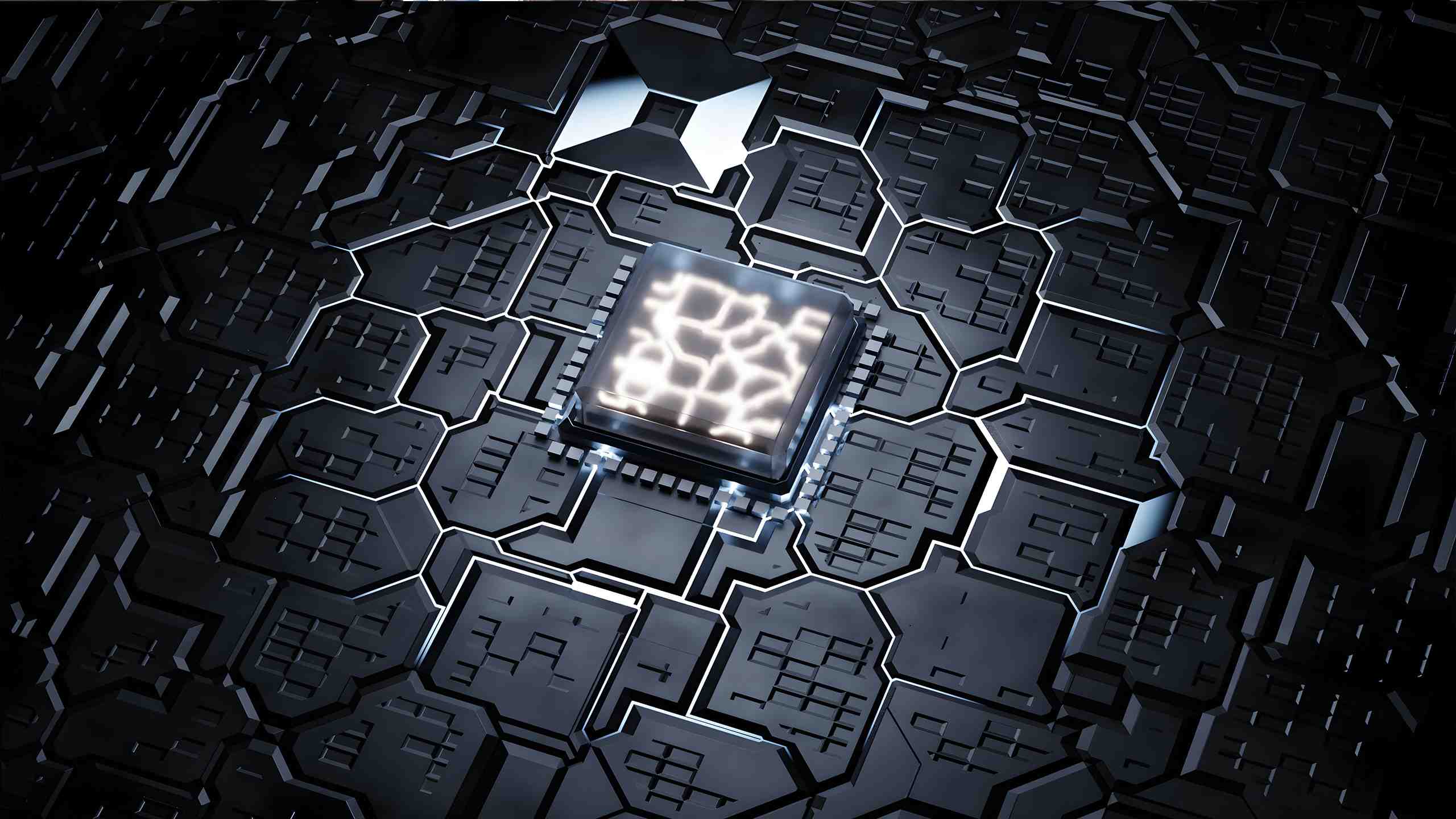 Abstrakte Darstellung eines leuchtenden Mikrochips auf schwarzer technischer Struktur – symbolisiert das Forschungsprojekt KI-EDA zur Entwicklung KI-gestützter Methoden für das elektronische Design-Automation.