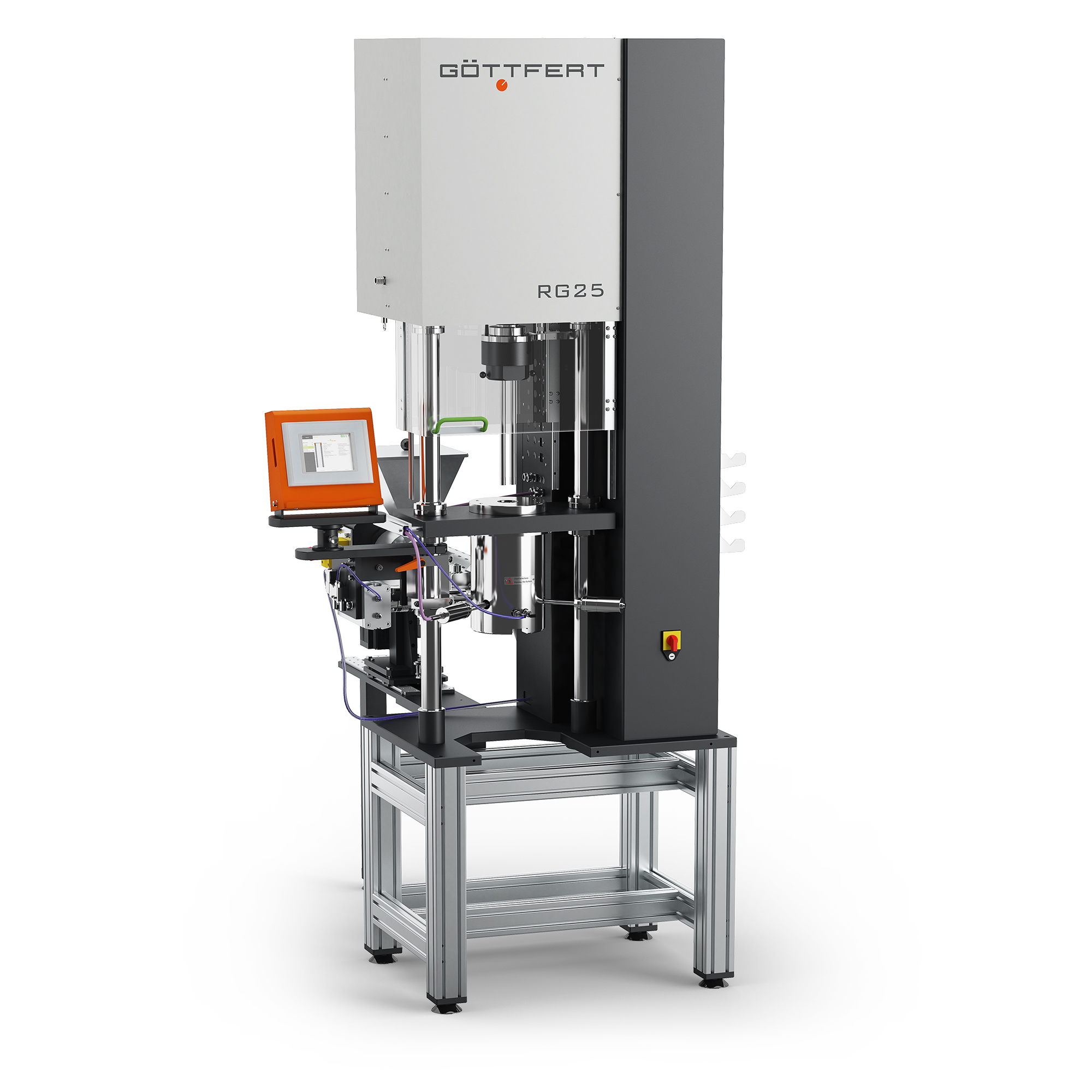 Präzises Rheologie‑Messgerät RG25 von göttfert auf stabilem Tischgestell, eingesetzt zur Analyse der Materialeigenschaften von Polymeren in der Qualitäts‑ und Prozesskontrolle.