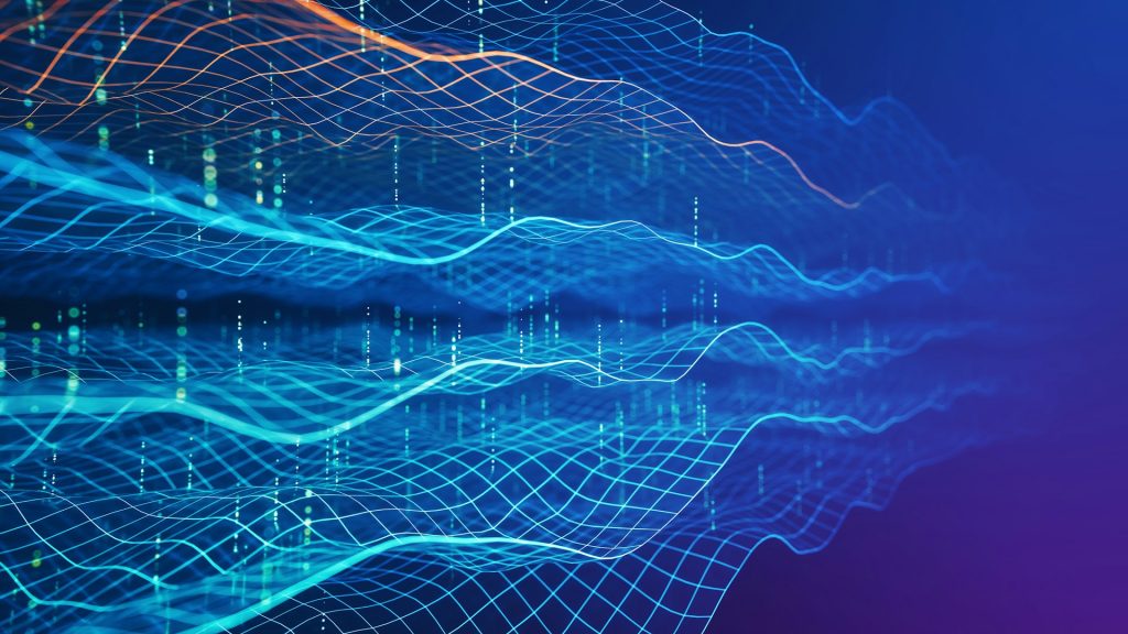 Abstrakte, wellenförmige Datenvisualisierung in Blau- und Orangetönen, die die dynamische Entwicklung der Quanten‑Infrastruktur in Deutschland und die Fortschritte moderner Quantentechnologien symbolisiert.