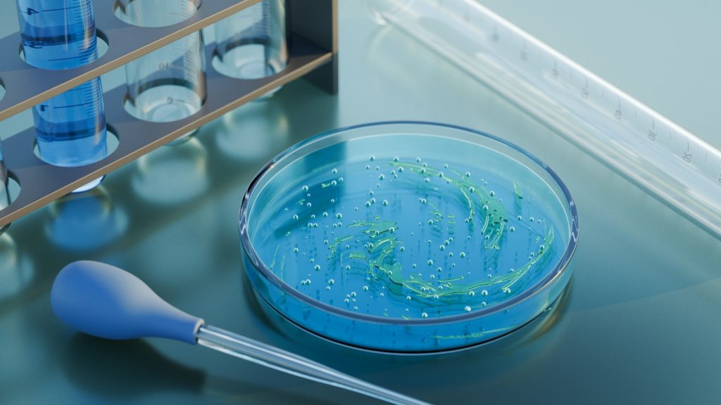 Petrischale mit mikrobiologischer Probe und Laborpipette als Symbol für die klinische Validierung medizintechnischer Lösungen unter kontrollierten Laborbedingungen.