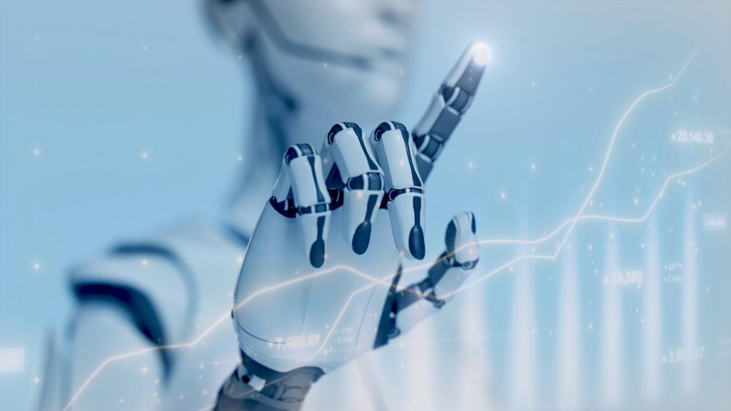 Robots4CleanTech: Detailansicht einer Roboterhand, die aufsteigende Daten- und Wachstumskurven steuert, Symbol für datengetriebene Innovation und nachhaltige Technologieentwicklung.